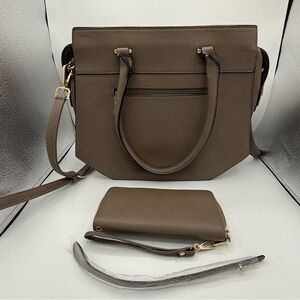 La Terre Chic Taupe PU Leather Shoulder Bag Set w/Matching Wallet, UNIQUE Shape